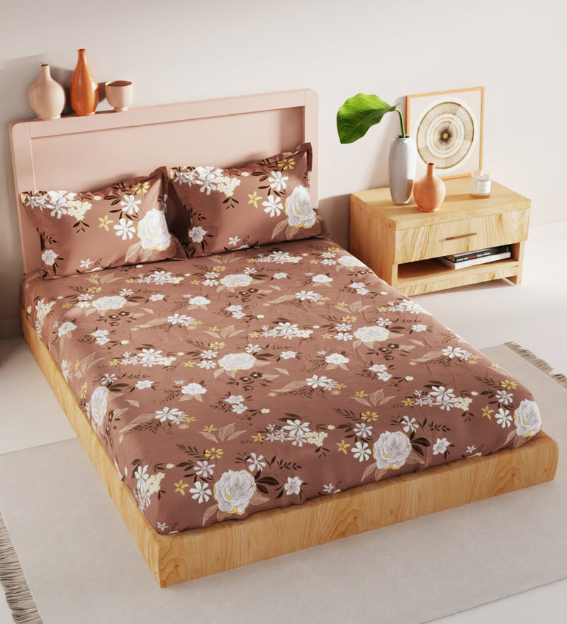 Bamboo Micro King Bedsheet With 2 Pillow Covers + 2 Pillows <small> (floral-lt.brown)</small>