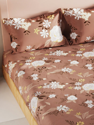 Bamboo Micro King Bedsheet With 2 Pillow Covers <small> (floral-lt.brown)</small>