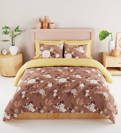 Bamboo Micro King Bedsheet With 2 Pillow Covers + 2 Pillows <small> (floral-lt.brown)</small>