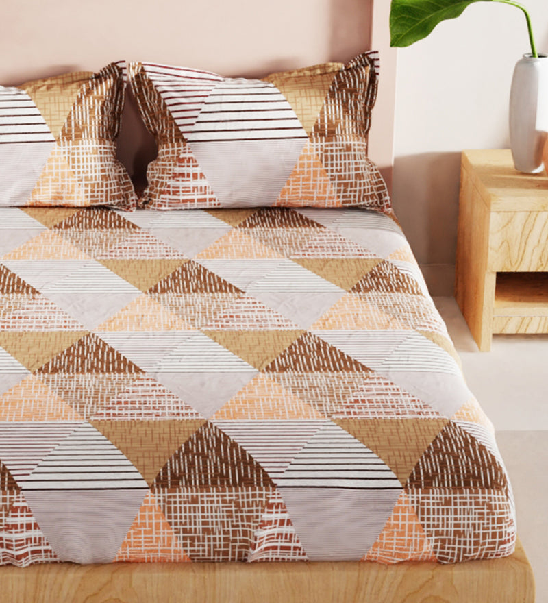 Bamboo Micro King Bedsheet With 2 Pillow Covers + 2 Pillows <small> (geometric-brown/multi)</small>