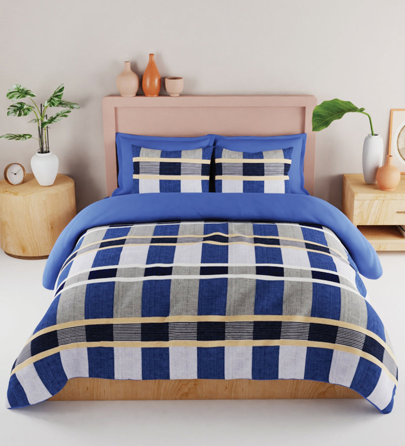Bamboo Micro King Bedsheet With 2 Pillow Covers + 2 Pillows <small> (geometric-blue/ylw)</small>