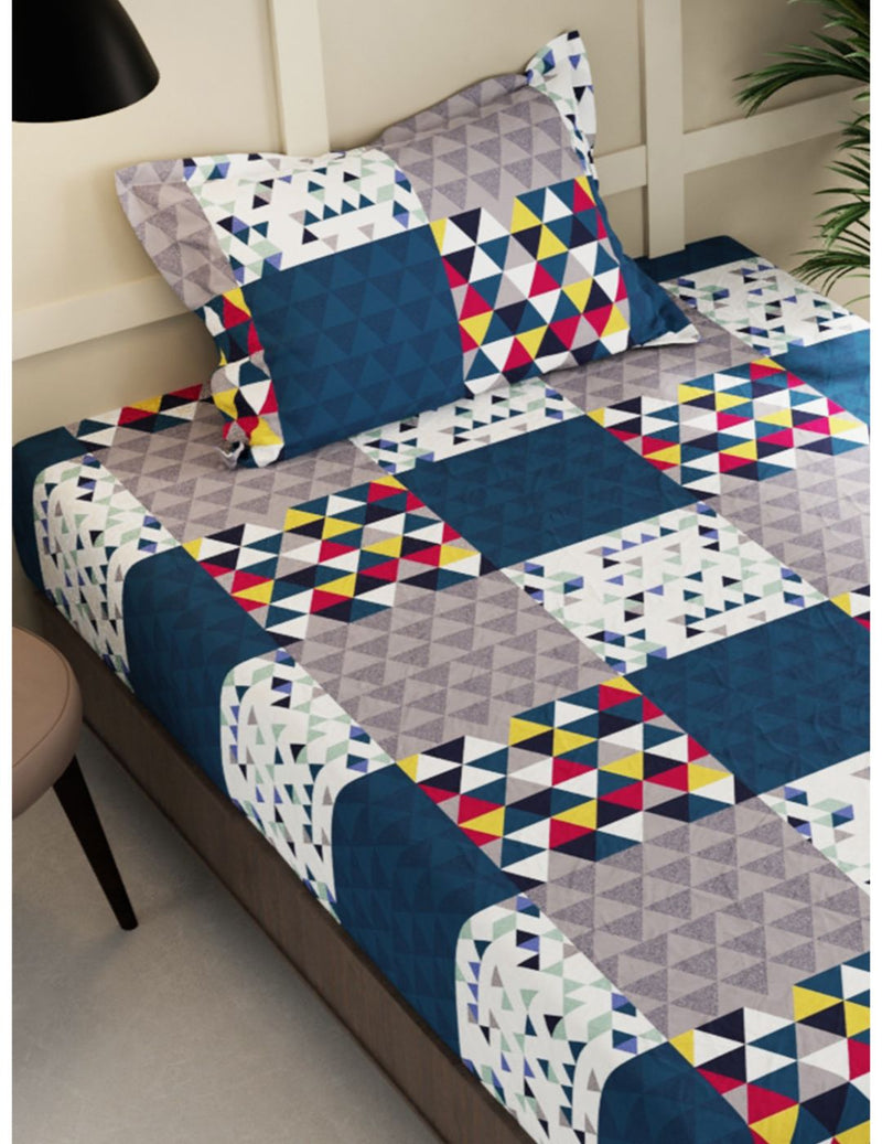 Extra Smooth Micro Single Bedsheet With 1 Pillow Cover <small> (geometric-blue)</small>