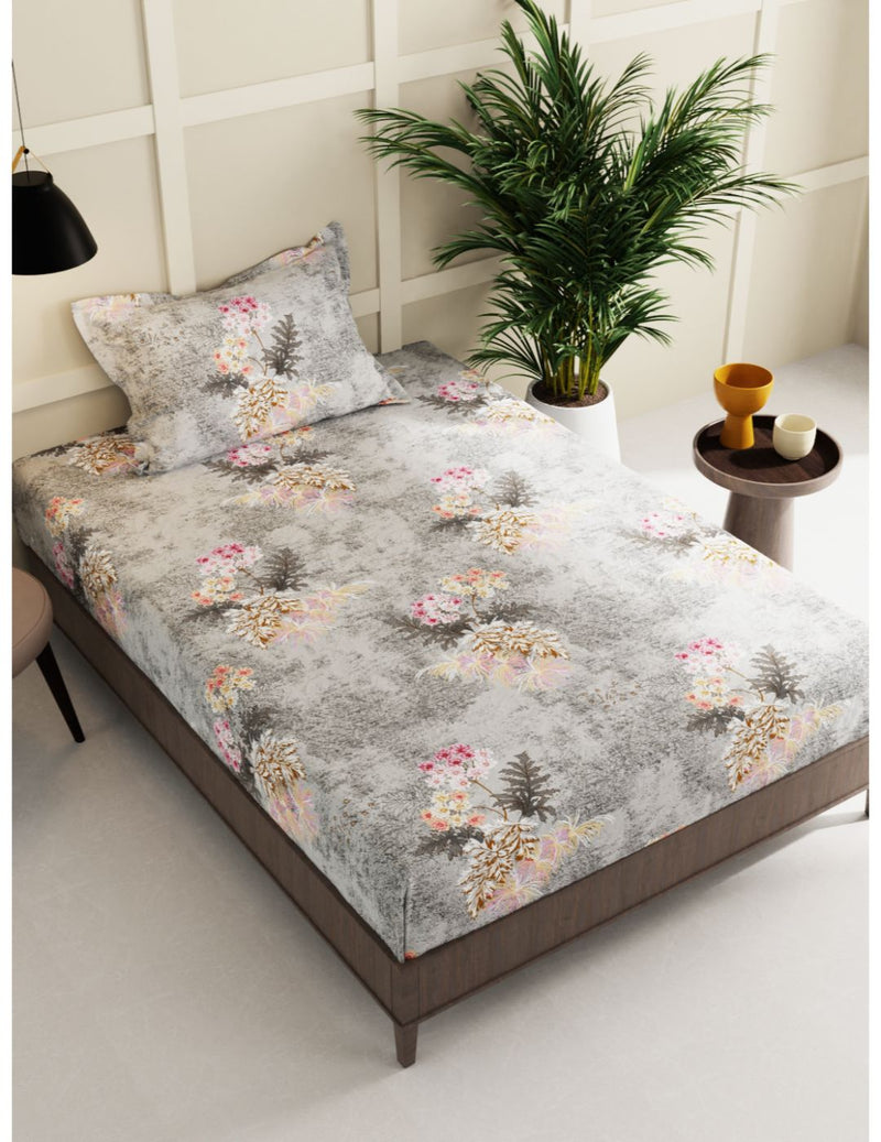 Extra Smooth Micro Single Bedsheet With 1 Pillow Cover <small> (floral-grey)</small>