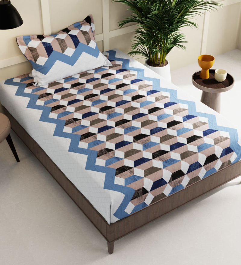 Extra Smooth Micro Double Bedsheet With 2 Pillow Covers + 2 Pillows <small> (geometric-brown/blue)</small>