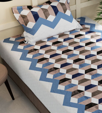 Extra Smooth Micro Double Bedsheet With 2 Pillow Covers + 2 Pillows <small> (geometric-brown/blue)</small>