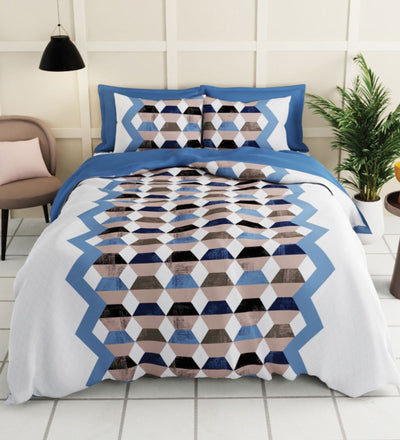 Extra Smooth Micro Double Bedsheet With 2 Pillow Covers + 2 Pillows <small> (geometric-brown/blue)</small>