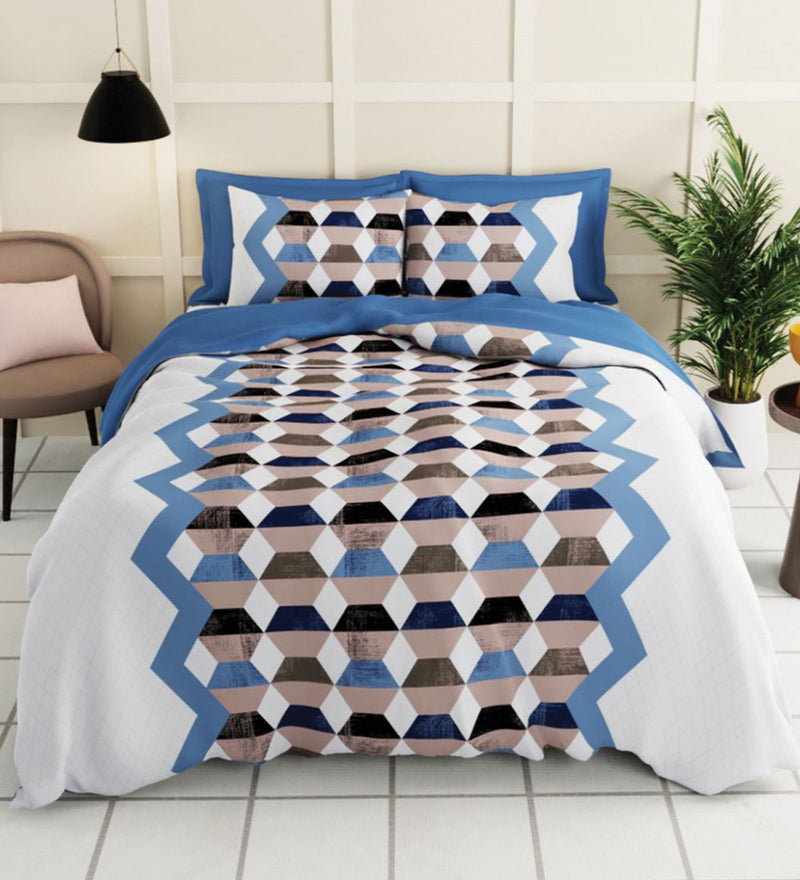 Extra Smooth Micro Double Bedsheet With 2 Pillow Covers + 2 Pillows <small> (geometric-brown/blue)</small>