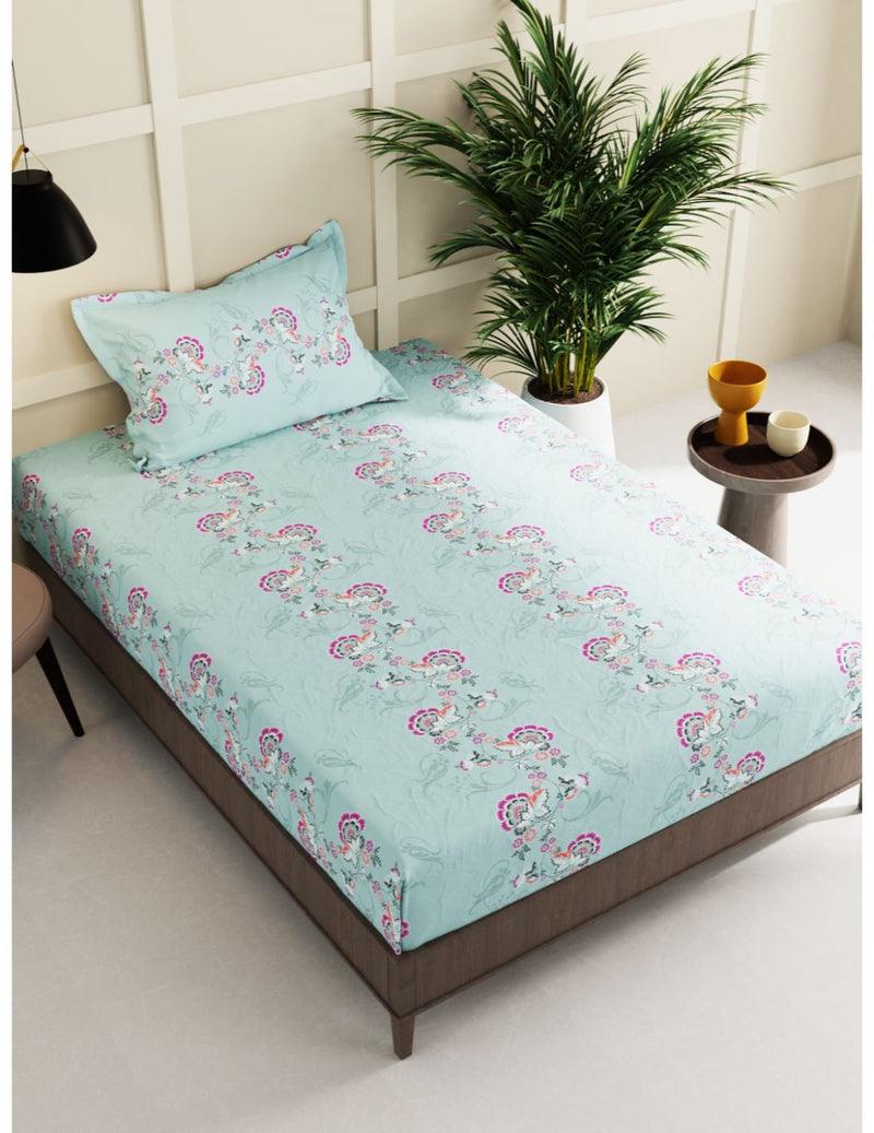 Extra Smooth Micro Single Bedsheet With 1 Pillow Cover <small> (floral-coastal green)</small>