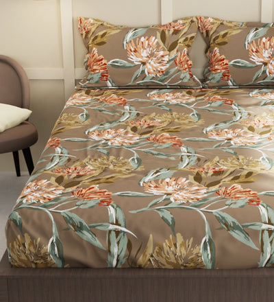 Extra Smooth Micro Double Bedsheet With 2 Pillow Covers + 2 Pillows <small> (floral-cof/brown)</small>