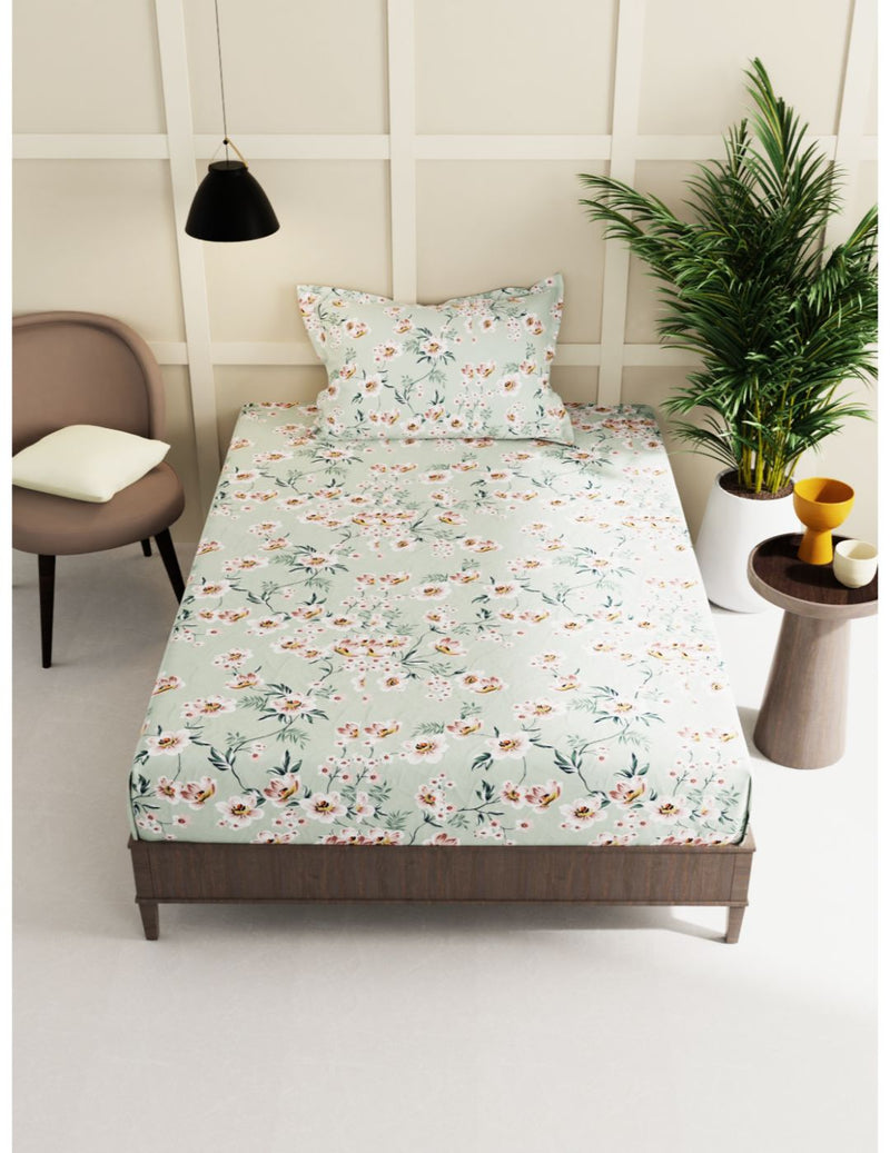 Extra Smooth Micro Single Bedsheet With 1 Pillow Cover <small> (floral-mint)</small>