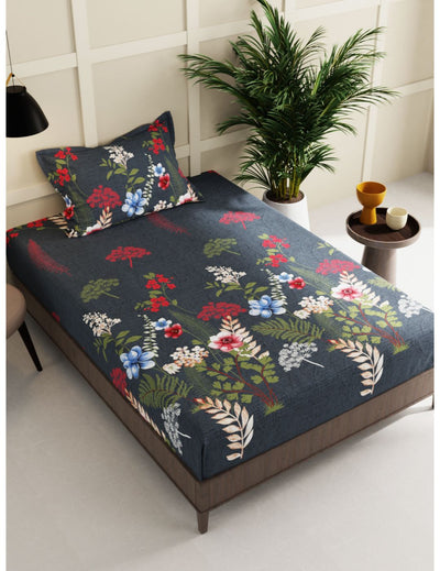 Extra Smooth Micro Single Bedsheet With 1 Pillow Cover <small> (floral-dk.olive)</small>