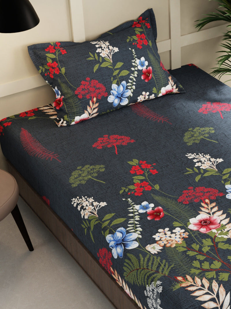 Extra Smooth Micro Single Bedsheet With 1 Pillow Cover <small> (floral-dk.olive)</small>