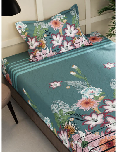 Extra Smooth Micro Single Bedsheet With 1 Pillow Cover <small> (floral-pine green)</small>
