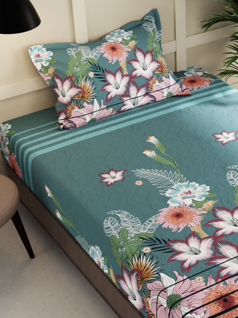 Extra Smooth Micro Single Bedsheet With 1 Pillow Cover <small> (floral-pine green)</small>