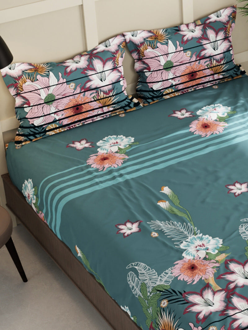 Extra Smooth Micro Double Bedsheet With 2 Pillow Covers <small> (floral-pine green)</small>