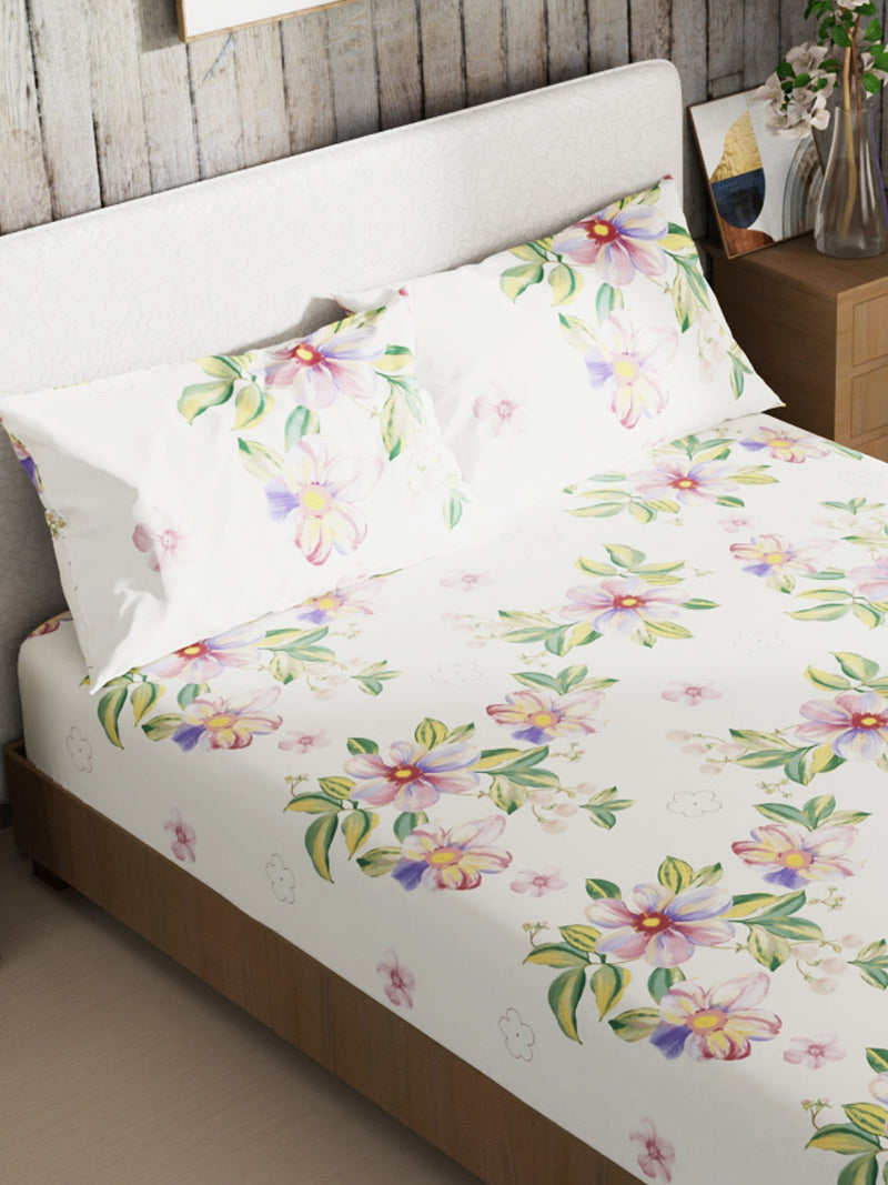 Bamboo Micro King Bedsheet With 2 Pillow Covers <small> (floral-ecru/multi)</small>