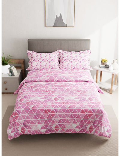 Soft 100% Cotton Double Comforter With 1 Double Bedsheet 2 Pillow Covers, For Ac Room <small> (geometric-pink/white)</small>