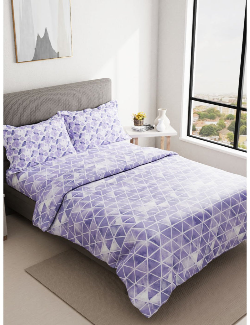 Soft 100% Cotton Double Comforter With 1 Double Bedsheet 2 Pillow Covers, For Ac Room <small> (geometric-purple/white)</small>