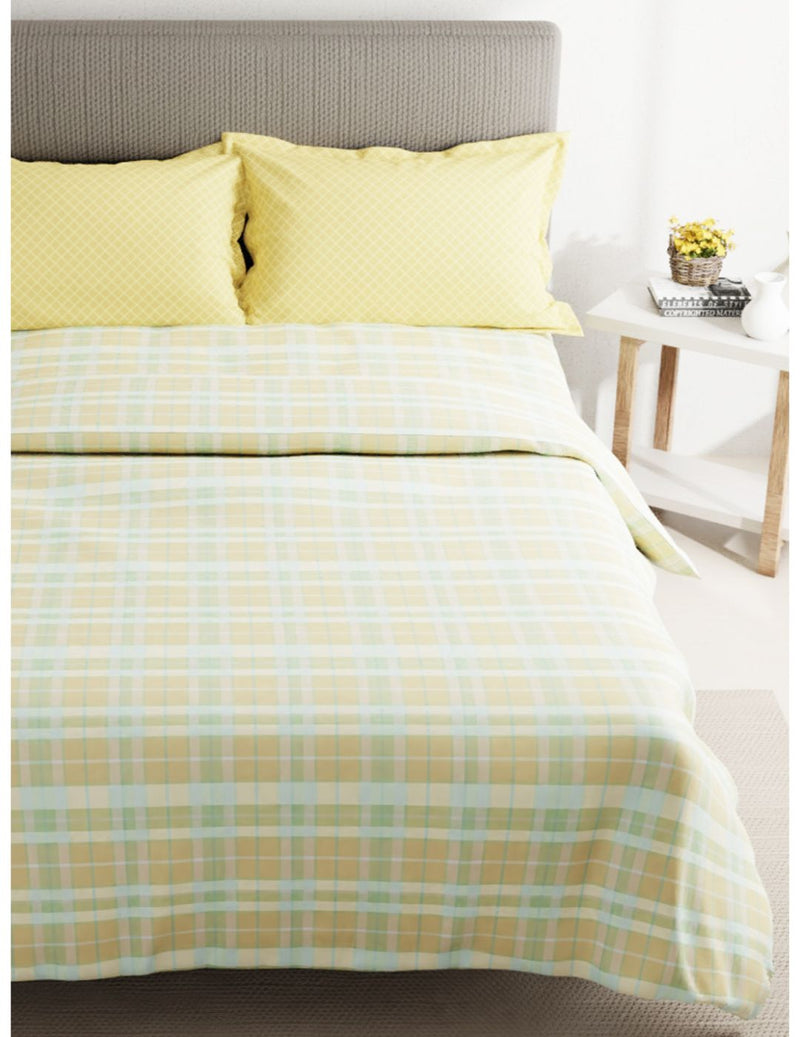 Soft 100% Cotton Double Comforter With 1 Double Bedsheet 2 Pillow Covers, For Ac Room <small> (checks-yellow/multi)</small>