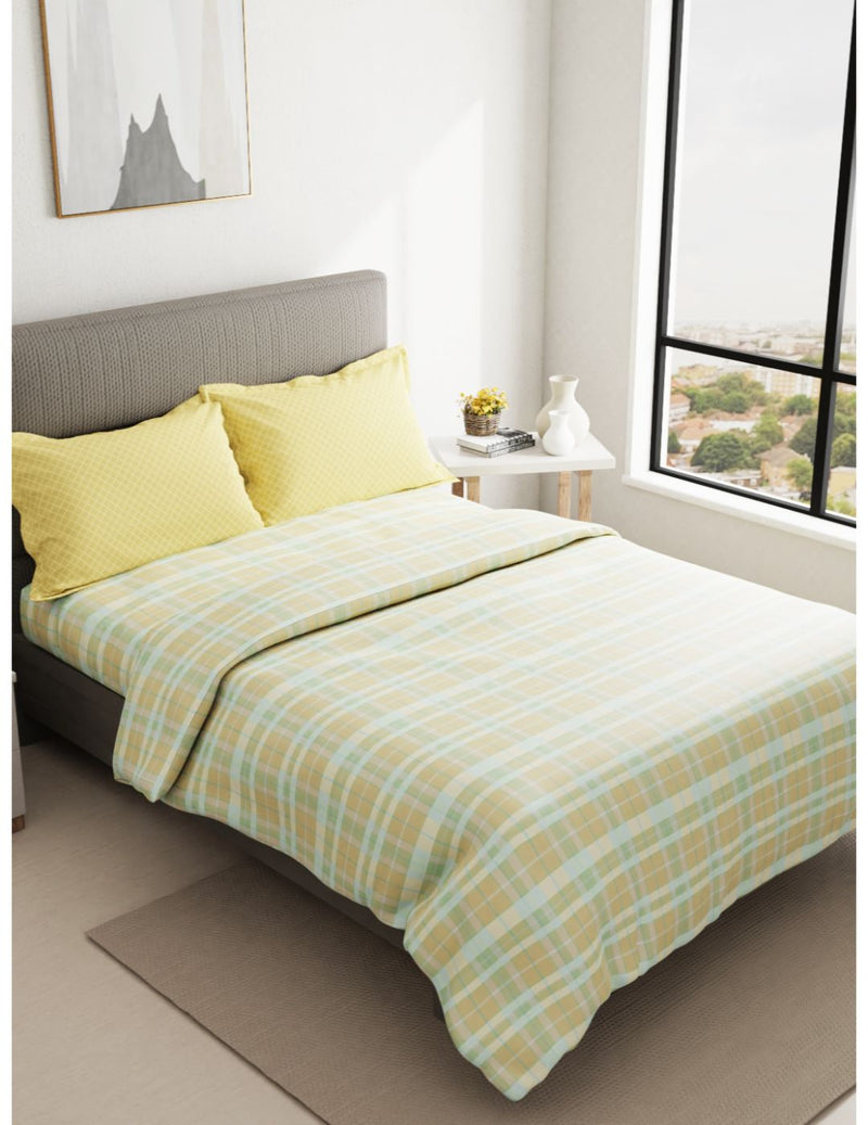 Soft 100% Cotton Double Comforter With 1 Double Bedsheet 2 Pillow Covers, For Ac Room <small> (checks-yellow/multi)</small>