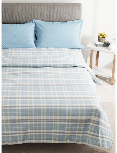 Soft 100% Cotton Double Comforter With 1 Double Bedsheet 2 Pillow Covers, For Ac Room <small> (checks-blue/multi)</small>