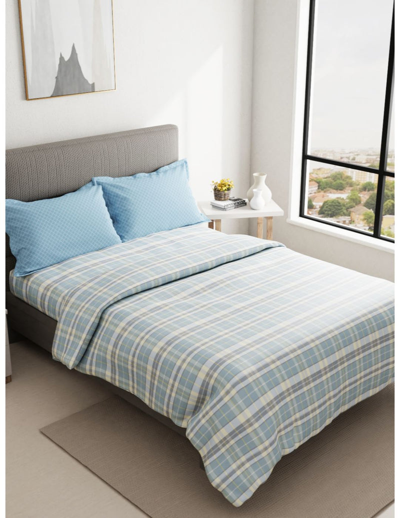 Soft 100% Cotton Double Comforter With 1 Double Bedsheet 2 Pillow Covers, For Ac Room <small> (checks-blue/multi)</small>