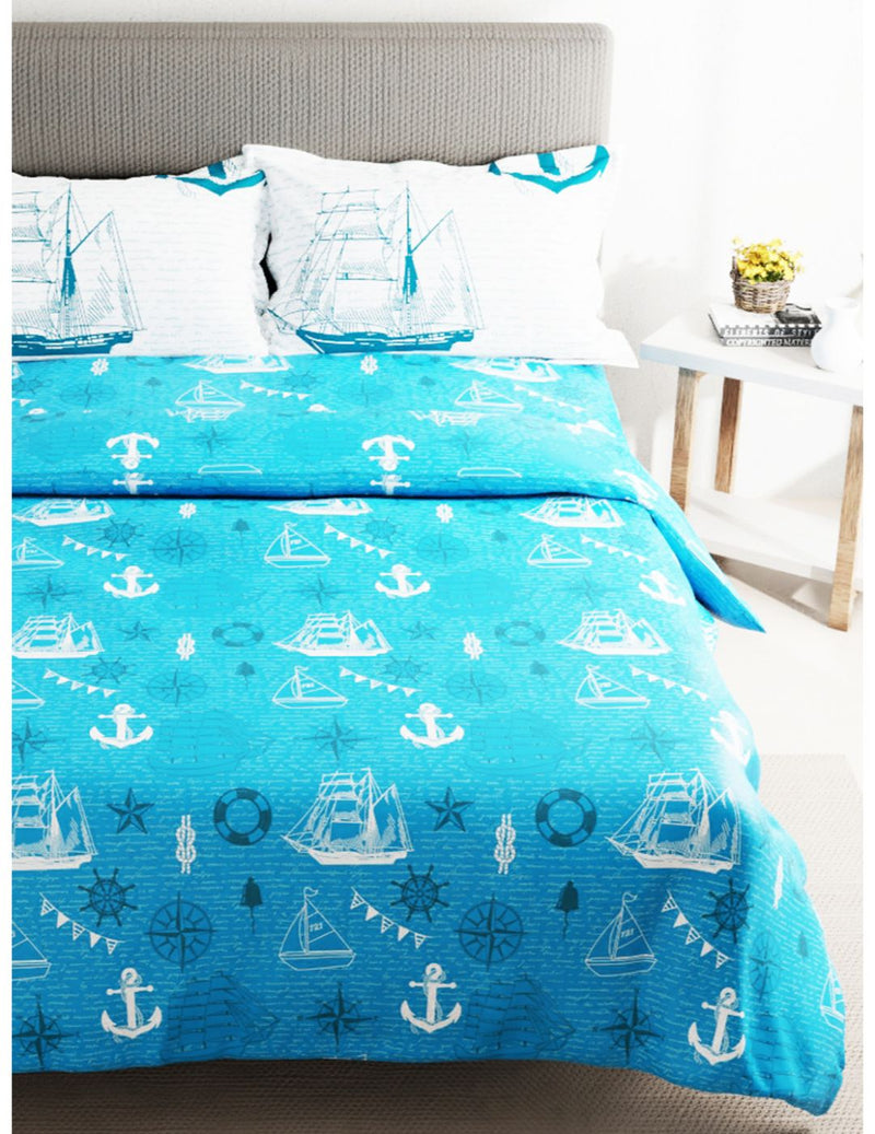 Soft 100% Cotton Double Comforter With 1 Double Bedsheet 2 Pillow Covers, For Ac Room <small> (geometric-blue)</small>