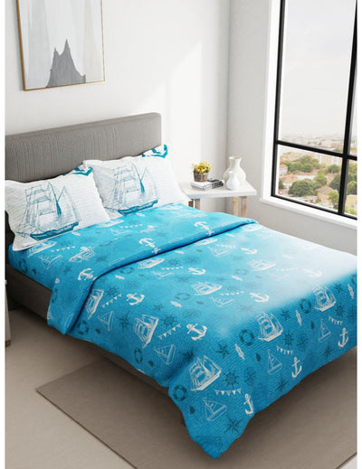 Soft 100% Cotton Double Comforter With 1 Double Bedsheet 2 Pillow Covers, For Ac Room <small> (geometric-blue)</small>