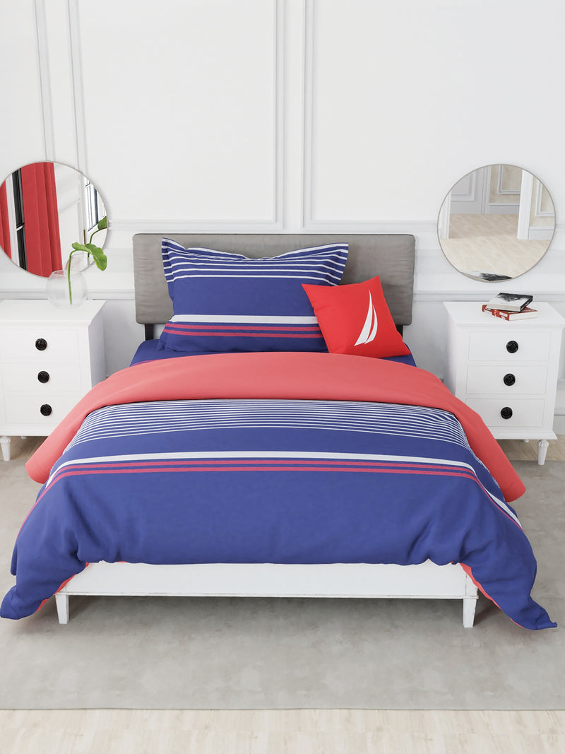 Designer 100% Satin Cotton Comforter For All Weather <small> (stripe-navy blue/red)</small>