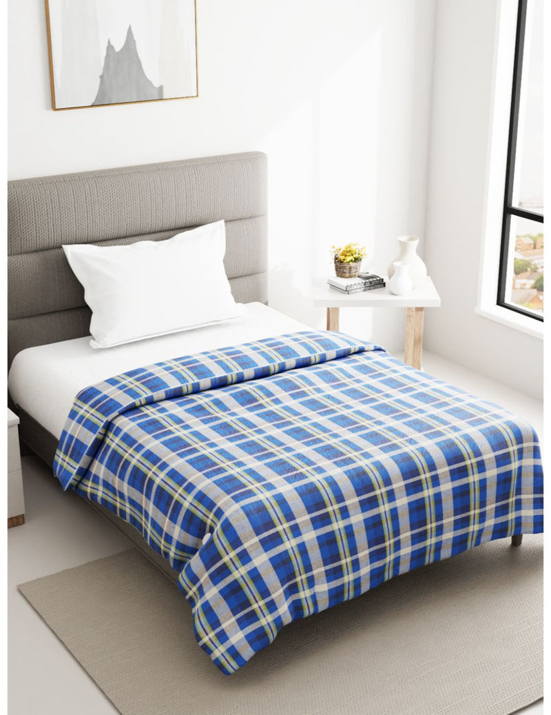 Super Soft 100% Natural Cotton Fabric Single Comforter For All Weather <small> (checks-blue)</small>