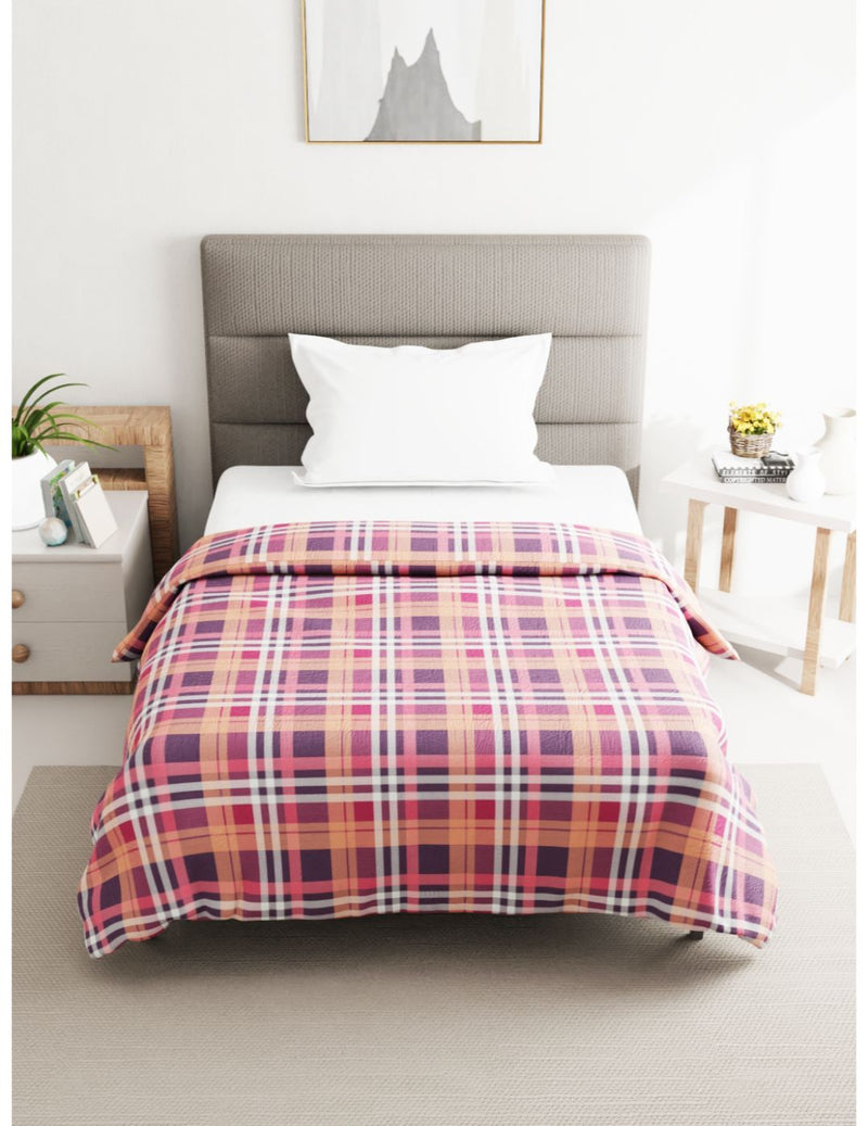 Super Soft 100% Natural Cotton Fabric Single Comforter For All Weather <small> (checks-coral pink)</small>