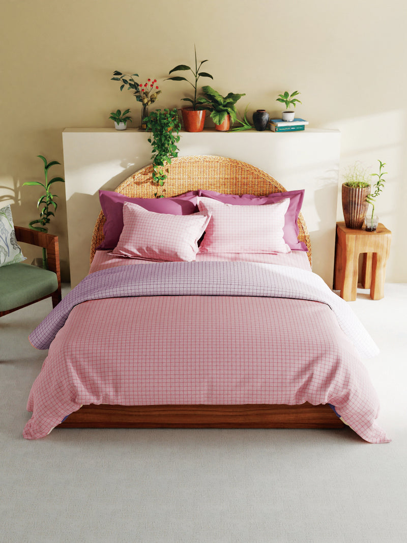 Superfine 100% Egyptian Cotton Fabric Reversible Comforter For All Weather <small> (checks-peach/purple)</small>