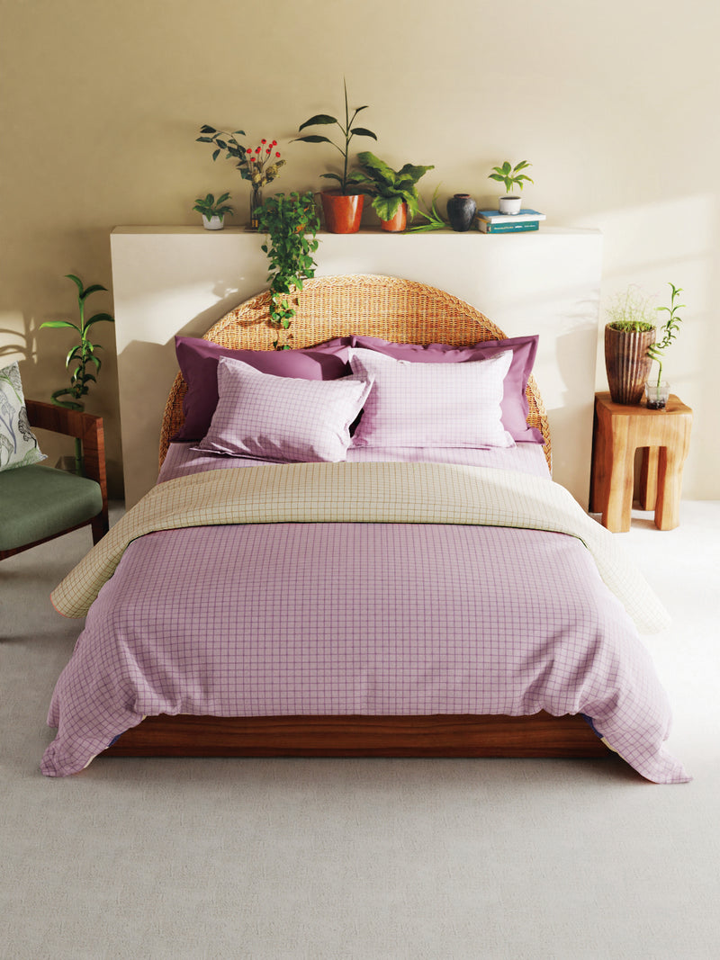 Superfine 100% Egyptian Cotton Fabric Reversible Comforter For All Weather <small> (checks-purple/wheat)</small>