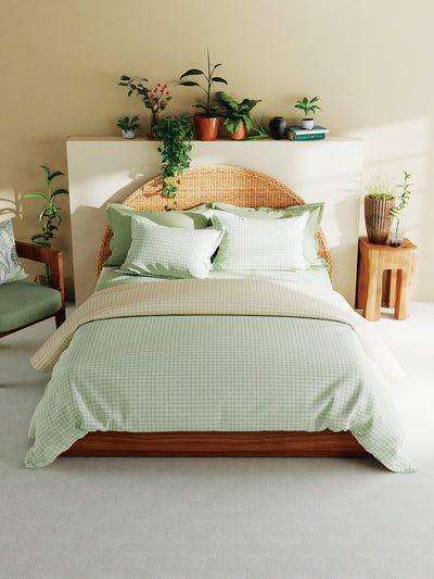 Superfine 100% Egyptian Cotton Fabric Reversible Comforter For All Weather <small> (checks-sage/wheat)</small>
