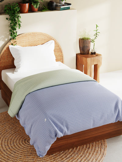 Superfine 100% Egyptian Cotton Fabric Reversible Comforter For All Weather <small> (checks-sage/blue)</small>