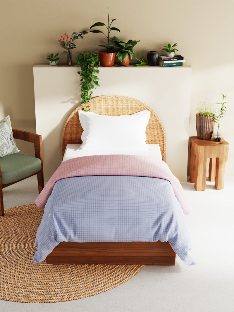 Superfine 100% Egyptian Cotton Fabric Reversible Comforter For All Weather <small> (checks-peach/blue)</small>