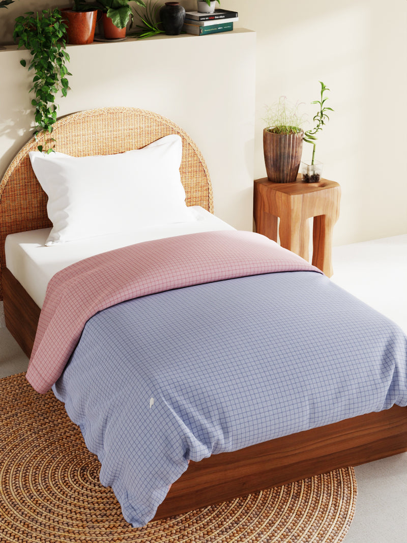 Superfine 100% Egyptian Cotton Fabric Reversible Comforter For All Weather <small> (checks-peach/blue)</small>