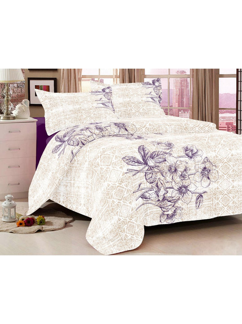 Soft 100% Cotton Double Comforter With 1 Double Bedsheet 2 Pillow Covers, For Ac Room <small> (floral-beige/plum)</small>