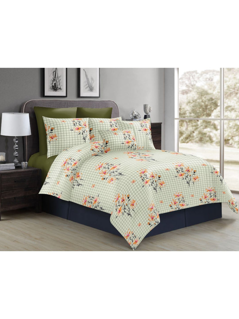 Soft 100% Cotton Double Comforter With 1 Double Bedsheet 2 Pillow Covers, For Ac Room <small> (floral-ivory/orange)</small>