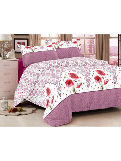 Soft 100% Cotton Double Comforter With 1 Double Bedsheet 2 Pillow Covers, For Ac Room <small> (floral-plum/red)</small>