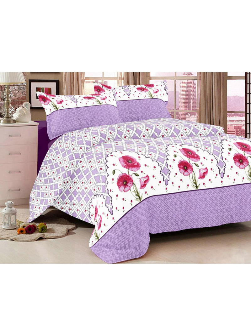 Soft 100% Cotton Double Comforter With 1 Double Bedsheet 2 Pillow Covers, For Ac Room <small> (floral-purple/pink)</small>