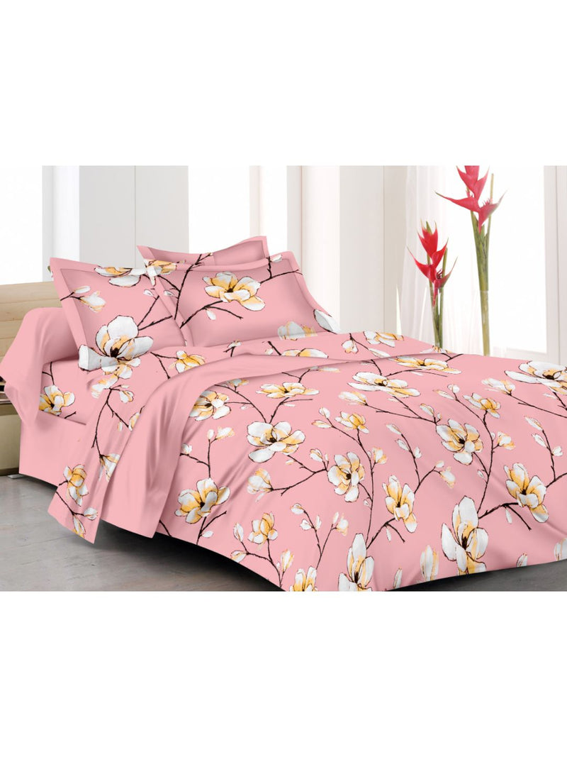 Soft 100% Cotton Double Comforter With 1 Double Bedsheet 2 Pillow Covers, For Ac Room <small> (floral-peach/white)</small>