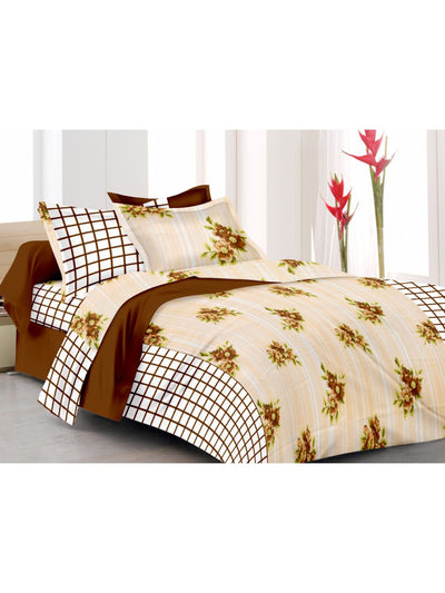 Soft 100% Cotton Double Comforter With 1 Double Bedsheet 2 Pillow Covers, For Ac Room <small> (floral-brown/white)</small>