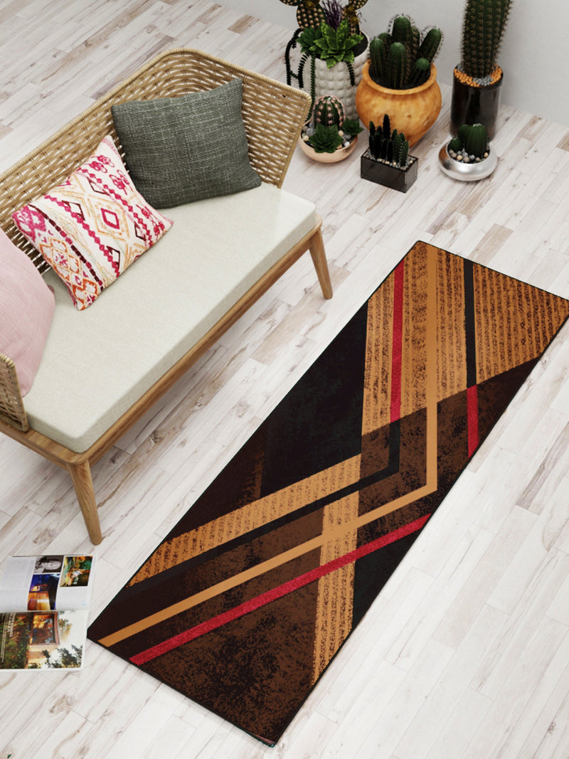 Modern Designer Printed  Carpet Area Rug With Anti Slip Backing <small> (geo lines-brown/red)</small>