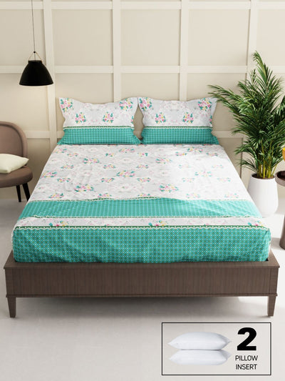 Extra Smooth Micro Double Bedsheet With 2 Pillow Covers + 2 Pillows <small> (floral-mint/multi)</small>