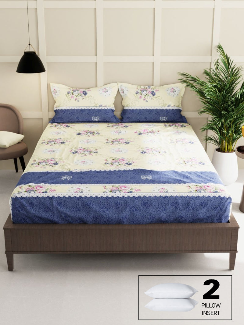 Extra Smooth Micro Double Bedsheet With 2 Pillow Covers + 2 Pillows <small> (floral-lt. sage/blue)</small>