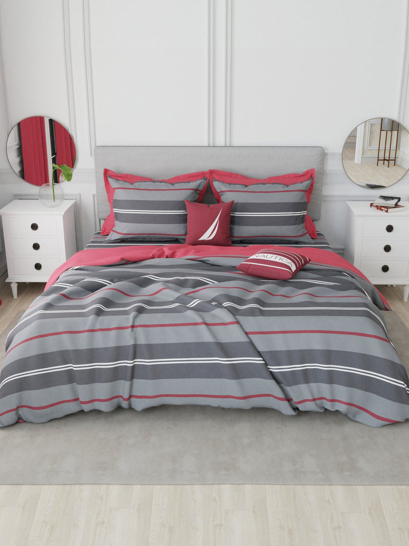 Designer 100% Satin Cotton Double Comforter With 1 King Bedsheet And 2 Pillow Covers For All Weather <small> (stripe-grey/maroon)</small>