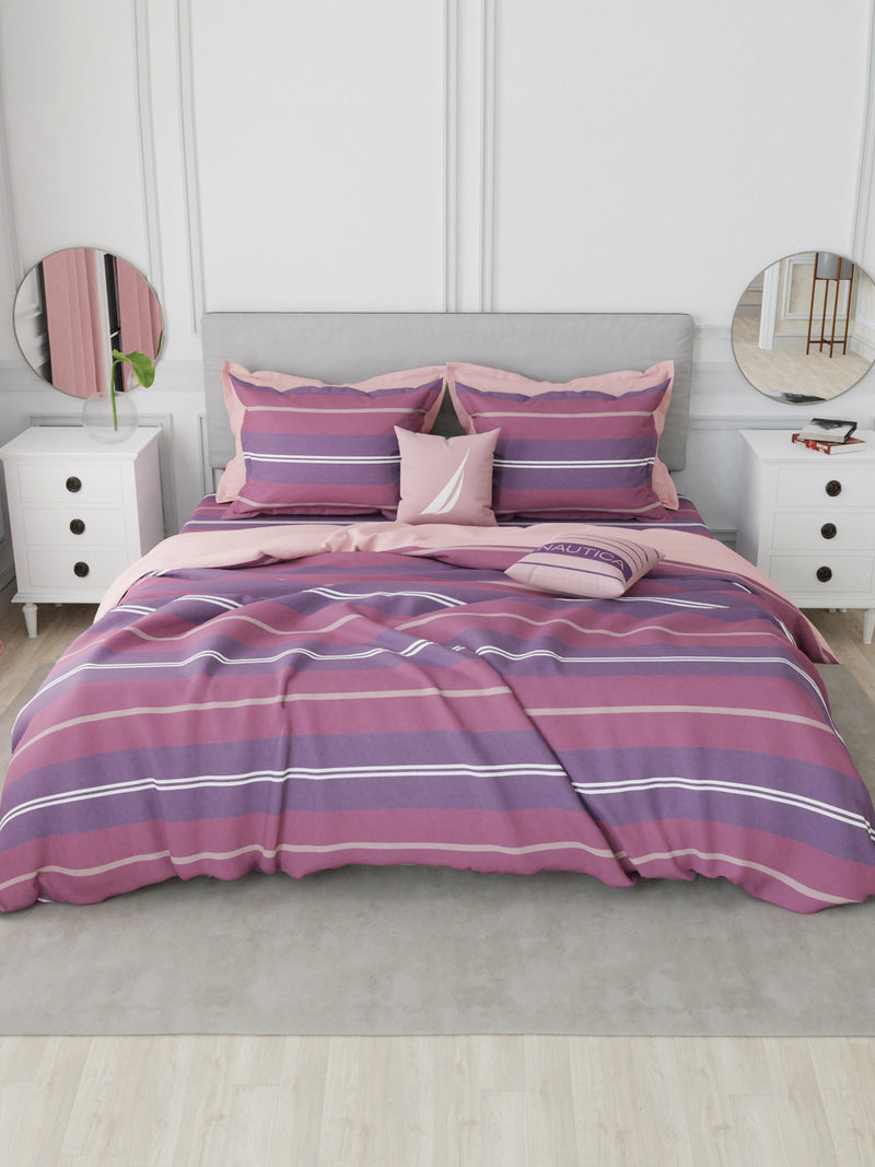 Designer 100% Satin Cotton Double Comforter With 1 King Bedsheet And 2 Pillow Covers For All Weather <small> (stripe-plum/purple)</small>
