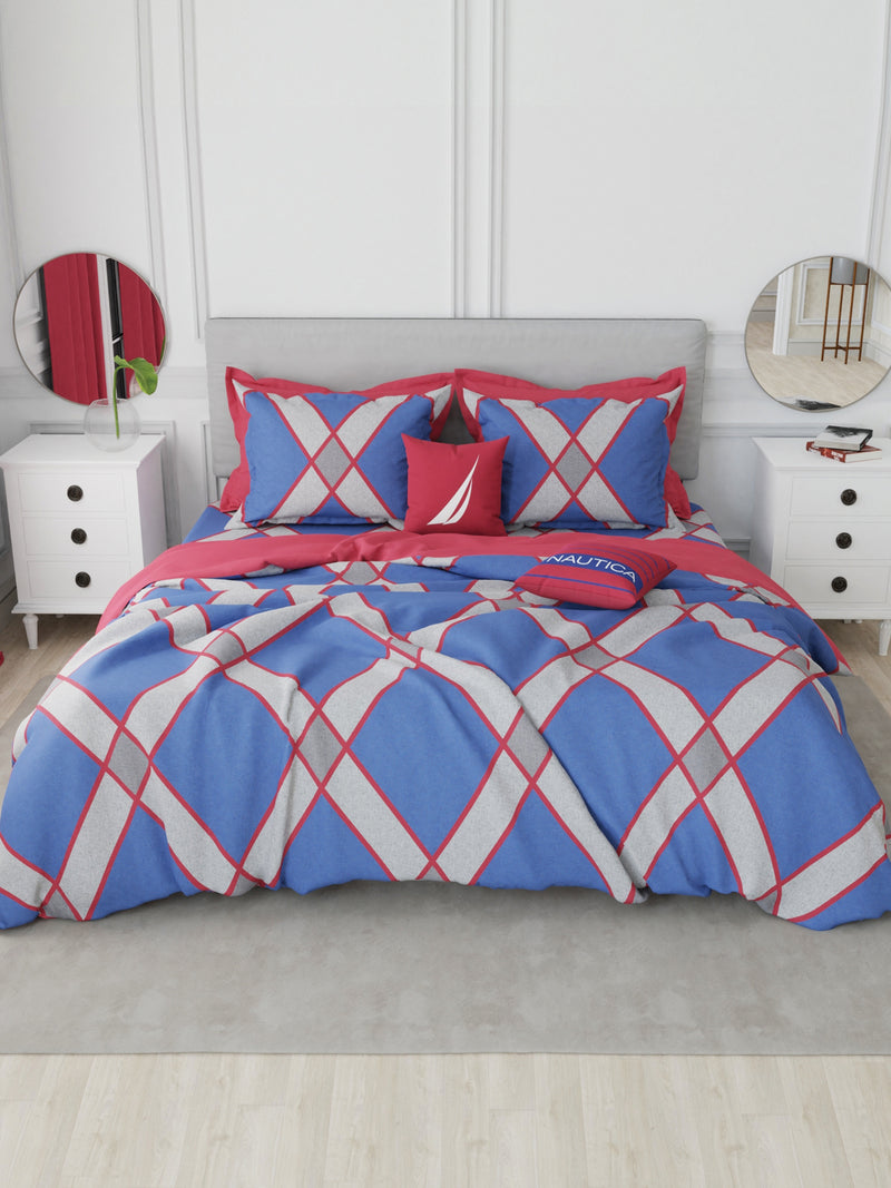 Designer 100% Satin Cotton Double Comforter With 1 Xl King Bedsheet And 2 Pillow Covers For All Weather <small> (geometric-blue/red)</small>