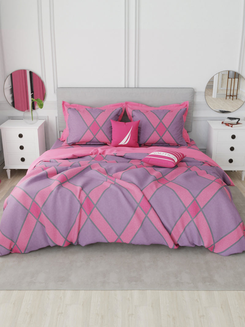 Designer 100% Satin Cotton Double Comforter With 1 King Bedsheet And 2 Pillow Covers For All Weather <small> (geometric-plum/peach)</small>